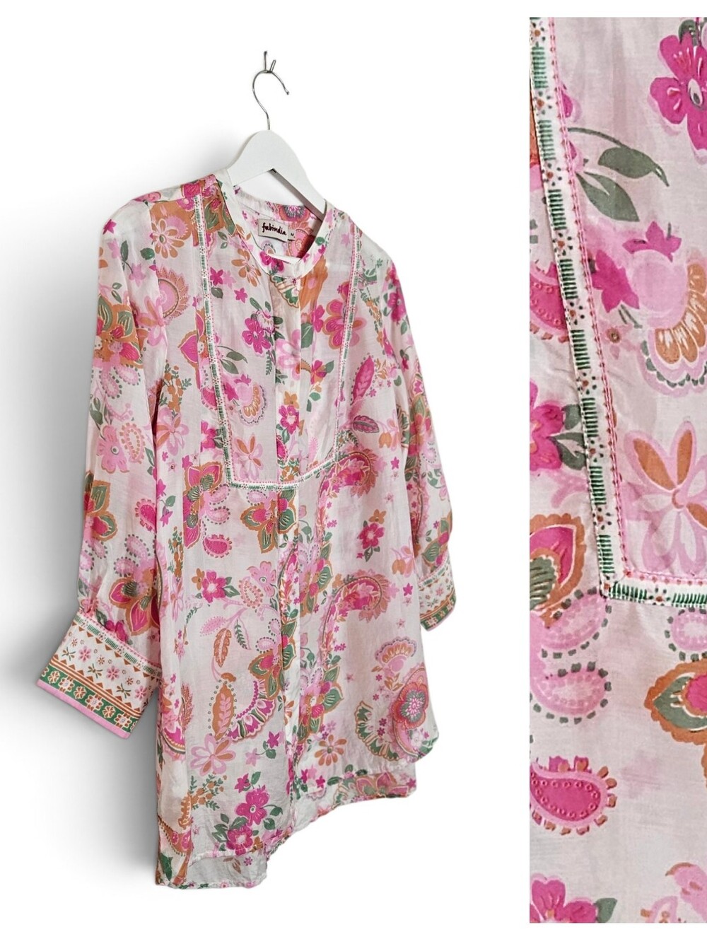 Fabindia Tunic Top M Floral Paisley Button Front Boho Kurta Cotton Pink White